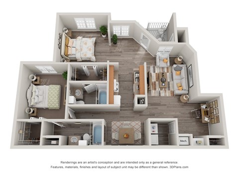 Floor plan for 2 beds, 2 baths, 1308 sqft
